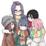  5girls beanie black_hair blue_eyes blue_hair brown_hair closed_eyes girl_sandwich glasses hair_bun hat kagamihara_nadeshiko kagamihara_sakura long_hair multiple_girls pink_hair purple_hair saitou_ena sandwiched scarf shima_rin shiroshi_(denpa_eshidan) short_hair siblings simple_background sisters smile toki_ayano violet_eyes white_background winter_clothes yellow_eyes yuri yurucamp 