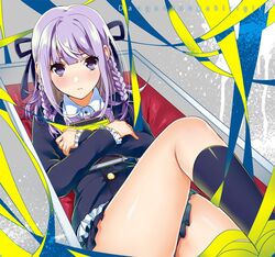  aged_down black_dress black_jacket black_skirt black_socks blush bow bowtie braid crossed_arms crossed_legs danganronpa_(series) danganronpa_kirigiri dress dress_shirt english_text grey_background hair_ribbon holding holding_notebook in_container jacket kirigiri_kyoko notebook pleated_dress pleated_skirt purple_hair ribbon shirt sitting skirt socks twin_braids violet_eyes white_shirt wrapped_up 