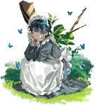  1boy animal apron black_dress black_hair blue_butterfly blue_eyes bug butterfly butterfly_on_head crossdressing dappled_sunlight dress full_body grass hands_on_own_cheeks hands_on_own_face hands_up head_on_hand head_rest kyouichi long_sleeves looking_at_viewer maid maid_apron maid_headdress male_focus male_maid on_ground original outdoors short_hair smile squatting sunlight white_apron white_background 