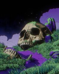  bone calder_moore chromatic_aberration film_grain grass highres jawbone moss night night_sky no_humans original outdoors overgrown oversized_object path photoshop_(medium) purple_clouds rock scenery skull sky star_(sky) 