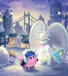  animal_ears atsuki_(atsuki_427) awoofy bandana bandana_waddle_dee blue_bandana blush_stickers bridge character_snowman clock clock_tower copy_ability corori elfilin fecto_elfilis highres ice_kirby kirby kirby_(series) kirby_and_the_forgotten_land knit_hat mouse_ears notched_ear outdoors saku_4tori snowflakes snowman solid_oval_eyes tower 