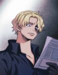  1boy absurdres black_shirt blonde_hair close-up closed_mouth collared_shirt ezui from_below gloves highres holding holding_paper looking_down male_focus one_piece paper sabo_(one_piece) scar scar_on_face shirt short_hair solo upper_body 