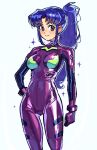  1girl blue_eyes bodysuit breasts brown_eyes ear_piercing eyelashes hand_on_own_hip highres kaatokun katsuragi_misato long_hair medium_breasts neon_genesis_evangelion piercing plugsuit ponytail sidelocks simple_background sparkle thigh_gap white_background 