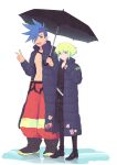  2boys abs absurdres androgynous artist_name belt black_belt blue_eyes blue_hair boots buzz_cut character_name commentary_request firefighter full_body galo_thymos green_hair highres holding holding_umbrella jacket kome_1022 lio_fotia looking_at_viewer male_focus multicolored_eyes multiple_boys open_clothes open_jacket open_mouth orange_eyes pants promare rabbit red_pants shiba_inu short_hair sidelocks simple_background smile sticker umbrella v very_short_hair violet_eyes white_background 