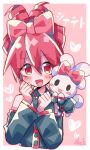  1girl blush bow cinnamiku_hairstyle cinnamoroll collared_shirt cosplay detached_sleeves drill_hair hair_bow heart kasane_teto kasane_teto_(cosplay) long_sleeves open_mouth pink_background pink_hair redhead sanrio shirt smile solo translation_request updo utau yuusuke-kun 