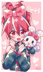  1girl blush bow cinnamiku_hairstyle cinnamoroll collared_shirt cosplay detached_sleeves drill_hair hair_bow heart kasane_teto kasane_teto_(cosplay) long_sleeves open_mouth pink_background pink_hair redhead sanrio shirt smile solo translation_request updo utau yuusuke-kun 