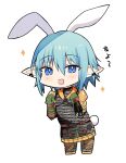  1boy :d animal_ears armor blue_eyes blue_hair blush chainmail chibi ear_piercing final_fantasy final_fantasy_xiv full_body gloves green_gloves hair_between_eyes hands_up haurchefant_greystone highres kemonomimi_mode kinona male_focus pauldrons piercing pointy_ears rabbit_boy rabbit_ears rabbit_tail shoulder_armor simple_background smile solo standing tail translation_request white_background 