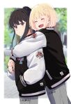  2girls ^_^ absurdres black_hair black_jacket blonde_hair blurry blurry_background blush bob_cut border chai_haru closed_eyes closed_mouth commentary_request copyright_name floral_print flower grey_pants half_up_braid hand_in_pocket highres holding_another&#039;s_wrist hug hug_from_behind inoue_takina jacket long_hair long_sleeves looking_at_viewer lycoris_recoil multiple_girls nishikigi_chisato open_mouth outdoors outside_border pants ponytail raglan_sleeves short_hair sidelocks spider_lily teeth upper_teeth_only violet_eyes white_border white_sleeves yuri 