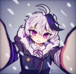  1girl ahoge anmyu arm_warmers bandaged_arm bandages coat dot_nose facebook_logo facebook_username flower_(vocaloid) flower_(vocaloid4) fur-trimmed_coat fur_trim hood hood_down light_blush looking_at_viewer pink_ribbon pov purple_arm_warmers purple_coat purple_hair ribbon shirt short_hair single_arm_warmer snow snowing solo teeth tomboy twitter_logo twitter_username violet_eyes vocaloid white_hair white_shirt winter winter_clothes 