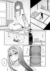  1girl aura barefoot between_legs blush clock closed_eyes closed_mouth clothes_writing commentary_request cushion digital_clock greyscale hairband hand_between_legs highres indoors long_hair mahoutsukai_rose_no_sado_life monochrome notice_lines ominaeshi_(takenoko) rose_(mahoutsukai_rose_no_sado_life) seiza short_sleeves shorts sitting smile table tatami translation_request very_long_hair zabuton 