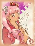  1girl abbey_aikawa artist_name blunt_bangs bow bowtie capelet commentary_request crown ghost hair_bow holding holding_umbrella looking_at_viewer one_piece perona pink_bow pink_bowtie pink_hair pink_nails purple_umbrella tongue tongue_out twintails umbrella upper_body 