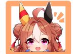  1girl ahoge airi_(akamichiaika) animal_ears blue_gloves blush brown_hair chibi copano_rickey_(umamusume) double_bun fang fingerless_gloves gloves hair_bun highres horse_ears horse_girl long_hair looking_at_viewer multiple_girls open_mouth pink_eyes skin_fang smile solo umamusume upper_body white_hair 