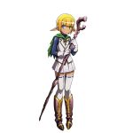 1boy blonde_hair blue_eyes blunt_bangs boots brown_footwear dark_elf elf gloves green_eyes heterochromia holding holding_staff mare_bello_fiore official_art overlord_(maruyama) pleated_skirt pointy_ears short_hair skirt solo staff thigh-highs white_gloves 