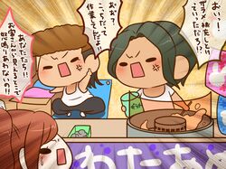  1girl 2boys anger_vein angry black_eyes black_hair black_pants bow box brown_hair chibi coin commentary_request cooking cup danganronpa:_trigger_happy_havoc danganronpa_(series) danganronpa_3_(anime) dark-skinned_male dark_skin emphasis_lines festival food_stand furrowed_brow green_hair hair_bow holding holding_cup holding_stick light_blush long_hair machinery medium_hair middle_finger multicolored_hair multiple_boys open_mouth outdoors owada_mondo pale_skin pants pompadour ponytail rabbit sakakura_juuzou shirt short_hair short_sleeves socks solid_oval_eyes speech_bubble squatting stick sweatdrop t-shirt tank_top tip_jar translation_request two-tone_hair v-shaped_eyebrows white_bow white_shirt white_socks white_tank_top yukizome_chisa yumaru_(marumarumaru) 