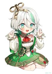  1girl backpack bag blush cecilia_immergreen detached_sleeves doll_joints dress green_bag green_dress green_hair highres hololive hololive_english joints looking_at_viewer multicolored_hair noi_mine open_mouth randoseru short_hair smile solo streaked_hair virtual_youtuber white_hair white_sleeves winding_key 