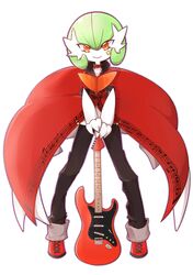  absurdres black_pants bob_cut clothed_pokemon coat colored_skin electric_guitar gardevoir green_hair guitar highres instrument looking_at_viewer mega_gardevoir mega_pokemon nanasaki_nana pants pink_eyes pokemon pokemon_(creature) red_coat red_footwear simple_background smile star_(symbol) white_background white_skin 