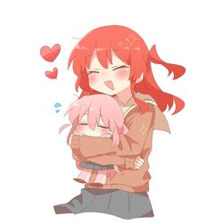  2girls :d ^_^ blush bocchi_the_rock! brown_footwear brown_sweater chibi closed_eyes flying_sweatdrops gotoh_hitori grey_skirt hair_between_eyes heart hug hug_from_behind jacket kita_ikuyo long_hair mini_person minigirl multiple_girls one_side_up pants pants_under_skirt pink_jacket pink_pants pleated_skirt rebecca_(keinelove) sailor_collar shoes simple_background skirt smile sweater track_jacket track_pants track_suit white_background white_sailor_collar 