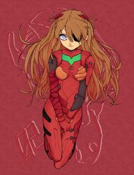  1girl blue_eyes bodysuit brown_hair closed_mouth evangelion:_3.0_you_can_(not)_redo eyelashes eyepatch floating hair_between_eyes long_hair looking_at_viewer neon_genesis_evangelion plugsuit rebuild_of_evangelion red_background red_bodysuit scenik8 solo souryuu_asuka_langley very_long_hair 