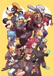  3girls 6+boys aqua_(kingdom_hearts) axel_(kingdom_hearts) bare_shoulders belt belt_buckle bird black_belt black_bodysuit black_footwear black_gloves black_hair black_jacket black_robe black_shirt black_wristband blonde_hair blue_hair blue_hat bob_cut bodysuit breasts brown_hair buckle chain chain_necklace closed_mouth commentary cropped_jacket detached_sleeves dog donald_duck dress duck english_commentary facial_mark fingerless_gloves food gloves goofy grey_hair grin hair_slicked_back halterneck hat highres holding holding_food holding_ice_cream holding_weapon hooded_dress ice_cream ice_cream_bar jacket jewelry kairi_(kingdom_hearts) keyblade kingdom_hearts kingdom_hearts_iii long_sleeves medium_breasts medium_hair mickey_mouse multiple_boys multiple_girls necklace open_mouth orange_hat over_shoulder parted_bangs pink_dress redhead riku_(kingdom_hearts) robe roxas shirt short_hair short_sleeves sideburns sleeveless sleeveless_dress smile sora_(kingdom_hearts) spiky_hair teeth terra_(kingdom_hearts) timtam v ventus_(kingdom_hearts) weapon weapon_over_shoulder white_jacket xion_(kingdom_hearts) 