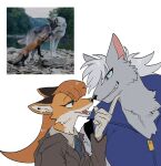  animal animal_ears blue_eyes blue_sclera brown_hair brown_jacket brown_shirt collared_jacket collared_shirt colored_sclera fox fox_ears fox_girl furry furry_female furry_male gloves grey_fur grey_hair grin hand_on_another&#039;s_chin high_collar highres jacket long_hair long_sleeves looking_at_another open_mouth orange_fur original precure rata_(norahasu) reference_inset sharp_teeth shirt simple_background sleeveless smile smile_precure! teeth upper_body white_background wolf wolf_boy wolf_ears wolfrun 