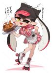  1girl apron basket black_hair bow-shaped_hair callie_(splatoon) colored_tips commentary_request coula_cat dress earrings food full_body heart highres holding holding_plate hoop_earrings inkling jewelry long_hair mole mole_under_eye multicolored_hair one_eye_closed open_mouth plate pointy_ears red_hat redhead roller_skates shrimp shrimp_tempura simple_background skates smile solo splatoon_(series) star-shaped_pupils star_(symbol) steam striped_clothes striped_dress symbol-shaped_pupils teeth tempura tentacle_hair thick_eyebrows translation_request two-tone_hair visor_cap waitress white_background yellow_eyes yellow_pupils 