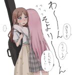  2girls aoka_(aaaaaaoka) bang_dream! bang_dream!_it&#039;s_mygo!!!!! blush brown_hair chihaya_anon commentary cowboy_shot dress grey_dress grey_eyes highres hug instrument_case instrument_on_back long_hair long_sleeves multiple_girls nagasaki_soyo nervous_sweating open_mouth pinafore_dress pink_hair plaid plaid_dress pleated_skirt puffy_short_sleeves puffy_sleeves shirt short_sleeves sidelocks simple_background skirt sleeveless sleeveless_dress sweat translation_request white_background white_shirt yellow_skirt 