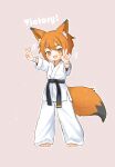  +++ 1girl animal_ear_fluff animal_ears barefoot belt black_belt bright_pupils chinese_commentary commentary_request double_v dougi english_text fang fox_ears fox_girl fox_tail full_body grey_background highres kuma-bound looking_at_viewer martial_arts_belt open_mouth orange_eyes original pants simple_background smile solo standing tail toes v white_pants white_pupils 