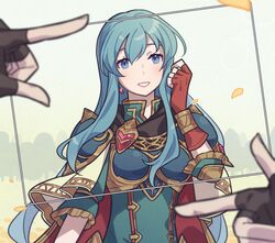  1girl armor blue_eyes blue_hair breastplate commentary earrings eirika_(fire_emblem) falling_petals finger_frame fingerless_gloves fire_emblem fire_emblem:_the_sacred_stones glint gloves gold_trim haconeri high_collar jewelry long_hair petals red_gloves solo_focus symbol-only_commentary 