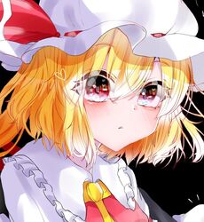  1girl ascot black_background blonde_hair dress flandre_scarlet frilled_dress frills hat hat_ribbon heart izumi_no_yasushi_aya mob_cap parted_lips red_eyes red_ribbon ribbon simple_background solo touhou upper_body white_hat yellow_ascot 