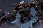 absurdres armored_core armored_core_6 cosmo-5 damaged glowing gun highres holding holding_gun holding_weapon jailbreak_(armored_core_6) junkyard mecha mecha_focus no_humans robot rust signature weapon