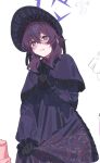  1girl black_dress black_gloves black_hat blue_archive blush closed_mouth dress frilled_sleeves frills gloves hair_between_eyes halo haruka_(blue_archive) hat highres long_hair long_sleeves mitsutsuka purple_hair purple_halo simple_background solo violet_eyes white_background 