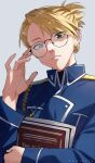  1girl absurdres adjusting_eyewear amestris_military_uniform artist_name bespectacled blonde_hair book brown_eyes closed_mouth folded_ponytail fullmetal_alchemist glasses grey_background hand_up highres holding holding_book kikaia looking_at_viewer military_uniform riza_hawkeye short_hair simple_background solo uniform upper_body wing_collar 