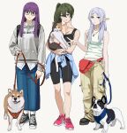  3girls absurdres bare_shoulders black_footwear blue_skirt breasts casual cat closed_mouth collarbone dog fern_(sousou_no_frieren) french_bulldog frieren glasses green_hair head_tilt highres holding holding_leash hood hoodie jewelry large_breasts leash long_hair long_skirt looking_at_viewer medium_breasts multiple_girls pants pendant pointy_ears purple_hair red_footwear shiba_inu shiren_(ourboy83) side_ponytail skirt small_breasts sousou_no_frieren sports_bra sportswear thigh_gap ubel_(sousou_no_frieren) v violet_eyes white_background white_hair 