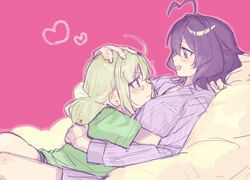  2girls ahoge araga_kiwi between_breasts breasts closed_mouth collared_shirt commentary cuddling double_bun fang green_shirt grey_hair hair_bun hand_on_another's_back hand_on_another's_head head_between_breasts heart highres hiiragi_utena hug leoparde_(mahou_shoujo_ni_akogarete) long_sleeves magia_baiser mahou_shoujo_ni_akogarete multiple_girls pajamas pink_background purple_hair purple_shirt red_eyes saiki_(mumei_912) shirt short_sleeves simple_background striped_clothes striped_shirt symbol-only_commentary tearing_up tears yellow_eyes yuri 