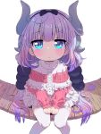  1girl absurdres beads black_hairband blue_eyes blunt_bangs blush capelet closed_mouth dot_mouth dragon_girl dragon_horns dress fisheye frilled_capelet frills gradient_hair hair_beads hair_ornament hairband highres horns kanna_kamui kobayashi-san_chi_no_maidragon long_hair looking_at_viewer low_twintails multicolored_hair pink_hair purple_hair sekaineko_001 simple_background sitting solo tail thigh-highs twintails veranda white_background white_thighhighs 
