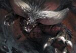  animal_focus billy_christian claws debris horns looking_at_viewer monster monster_hunter:_world monster_hunter_(series) nergigante no_humans open_mouth painterly realistic saliva scales sharp_teeth solo teeth yellow_eyes 