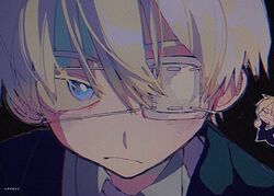  1boy black_jacket blonde_hair blue_eyes child close-up closed_mouth double-parted_bangs eyepatch hair_between_eyes jacket kpnoks light_frown male_focus medical_eyepatch one_eye_covered original shirt short_hair sideways_glance solo white_shirt 