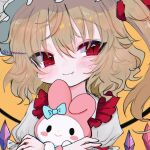  1girl blonde_hair blush crystal_wings flandre_scarlet hair_ribbon highres my_melody onegai_my_melody red_eyes red_ribbon renakobonb ribbon sanrio side_ponytail simple_background smile solo touhou upper_body white_mob_cap yellow_background 