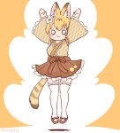  1girl animal_ears arms_up blonde_hair cat_ears cat_girl cat_tail coroha extra_ears full_body hair_ornament japanese_clothes japari_symbol jumping kemono_friends kimono looking_at_viewer orange_background sandals serval_(kemono_friends) short_hair simple_background solo tail thigh-highs zouri 