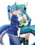 2girls bare_shoulders beleven belt blue_dragon_(kemono_friends) blue_eyes blue_gloves blue_hair blue_jacket blue_necktie blue_pantyhose blue_shirt blue_skirt blue_thighhighs cheek-to-cheek dragon_ears dragon_girl dragon_tail extra_ears fingerless_gloves fishnet_gloves fishnet_thighhighs fishnets frilled_gloves frilled_skirt frilled_thighhighs frills garter_straps gloves green_belt heads_together highres jacket kemono_friends kemono_friends_3 long_hair multiple_girls necktie pantyhose pleated_skirt seiryuu_(kemono_friends) shirt skirt sleeveless tail thigh-highs twintails white_necktie white_shirt 
