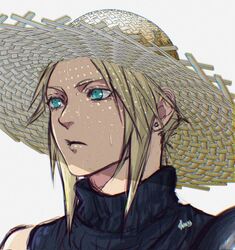  1boy aqua_eyes armor blonde_hair blue_shirt closed_mouth cloud_strife earrings final_fantasy final_fantasy_vii final_fantasy_vii_rebirth final_fantasy_vii_remake hat highres jewelry male_focus parted_bangs shinogu_r shirt short_hair shoulder_armor single_bare_shoulder single_earring single_shoulder_pad sleeveless sleeveless_turtleneck solo straw_hat sun_hat sweat turtleneck upper_body white_background 