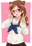  1girl :d artist_name blue_neckerchief brown_hair brown_skirt cardigan cone_hair_bun double_bun double_v glasses hair_bun hair_ornament hibike!_euphonium highres kamaya_suzume kitauji_high_school_uniform long_hair long_sleeves nail_polish neckerchief open_mouth parted_bangs pink-framed_eyewear pink_background pink_nails pleated_skirt school_uniform signature skirt smile solo telaform upper_body v violet_eyes white_cardigan x_hair_ornament 