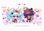  ... 1boy 1girl animated animated_gif black_footwear black_jacket blinking blue_hair bow candy chibi cross dark-skinned_male dark_skin drill_hair food fork full_body ghost hair_bow hair_over_one_eye halloween halloween_costume happy_halloween hat holding_trident idol_land_pripara jack-o&#039;-lantern jacket katasumi_amari lollipop long_hair looking_at_viewer mario_(pripara) mini_hat mini_witch_hat notice_lines open_mouth outline pink_bow pink_eyes pretty_series pripara purple_hair rabbit red_eyes short_hair smile spoken_ellipsis spoon standing star_(symbol) swirl_lollipop twin_drills twintails very_long_hair white_outline witch_hat zhou_(suzusuz57561619) 