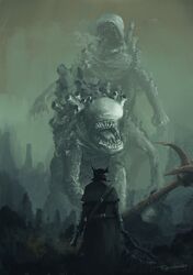  1other ambiguous_gender anchor artist_name bloodborne brown_capelet brown_coat capelet coat facing_away from_behind gun handgun hat highres holding holding_anchor holding_gun holding_weapon hunter_(bloodborne) monster open_mouth outdoors saw saw_cleaver shark-giant sharp_teeth standing teeth tongue tricorne tripdancer weapon 