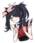  1girl absurdres ame-chan_(needy_girl_overdose) black_hair black_ribbon closed_eyes closed_mouth collared_shirt commentary english_commentary english_text facing_viewer hair_ornament hair_over_one_eye hand_on_another&#039;s_head hands_up happy headpat highres long_hair neck_ribbon needy_girl_overdose out_of_frame red_shirt ribbon ryoshi shirt simple_background smile solo_focus twintails upper_body white_background x_hair_ornament 