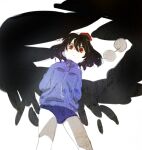  1girl alternate_costume bird_wings black_hair black_wings blue_buruma blue_jacket breast_suppress buruma closed_mouth cowboy_shot feathered_wings from_below hair_between_eyes hands_up hat high_collar jacket kazune_(baumkuchen) large_wings long_sleeves looking_at_viewer looking_down pom_pom_(clothes) red_eyes red_hat shameimaru_aya short_hair simple_background sleeves_past_fingers sleeves_past_wrists solo standing thighs third-party_source tokin_hat touhou track_jacket white_background wings zipper zipper_pull_tab 