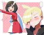  ... 1boy 1girl :d black_eyes black_hair blonde_hair blush closed_eyes closed_mouth dress gladion_(pokemon) gloves hair_over_one_eye highres long_sleeves open_mouth pokemon pokemon_masters_ex red_dress scarf selene_(pokemon) selene_(special_costume)_(pokemon) shinozaki_naruse short_hair smile spoken_ellipsis sweatdrop twitter_username two-tone_dress white_dress 