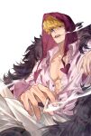  1boy blonde_hair brown_eyes cape cigarette collared_shirt dated donquixote_rocinante facial_tattoo fur-trimmed_cape fur_trim heart heart_print highres holding holding_cigarette jyukawa one_piece pants partially_unbuttoned pink_shirt print_shirt red_hood red_lips shirt short_hair simple_background sitting smoking solo tattoo toned toned_male white_background white_pants 