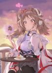  +_+ 1girl absurdres animal_ears arknights breasts brown_hair cake cake_slice clouds coat coat_on_shoulders commentary_request eating eyjafjalla_(arknights) eyjafjalla_the_hvit_aska_(arknights) food fork grey_skirt hand_up heart highres holding holding_fork horns long_hair medium_breasts outdoors pleated_skirt red_eyes shitomu1 sitting skirt sky solo sunset twintails white_coat white_horns 