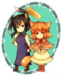  2girls :o animal_ears black_hair boots cat_ears china_dress chinese_clothes dress fire_emblem fire_emblem:_genealogy_of_the_holy_war hair_ornament hairclip holding holding_mallet kine lana_(fire_emblem) larcei_(fire_emblem) looking_at_viewer mallet multiple_girls orange_hair own_hands_together rabbit_ears rabbit_tail short_hair side_slit sidelocks simple_background smile tail thigh-highs watabou 